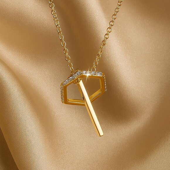 Minimalist Gold Geometric Crystal Pendant Necklace – Bar & Hexagon Charm Jewelry - Picture 1 of 9